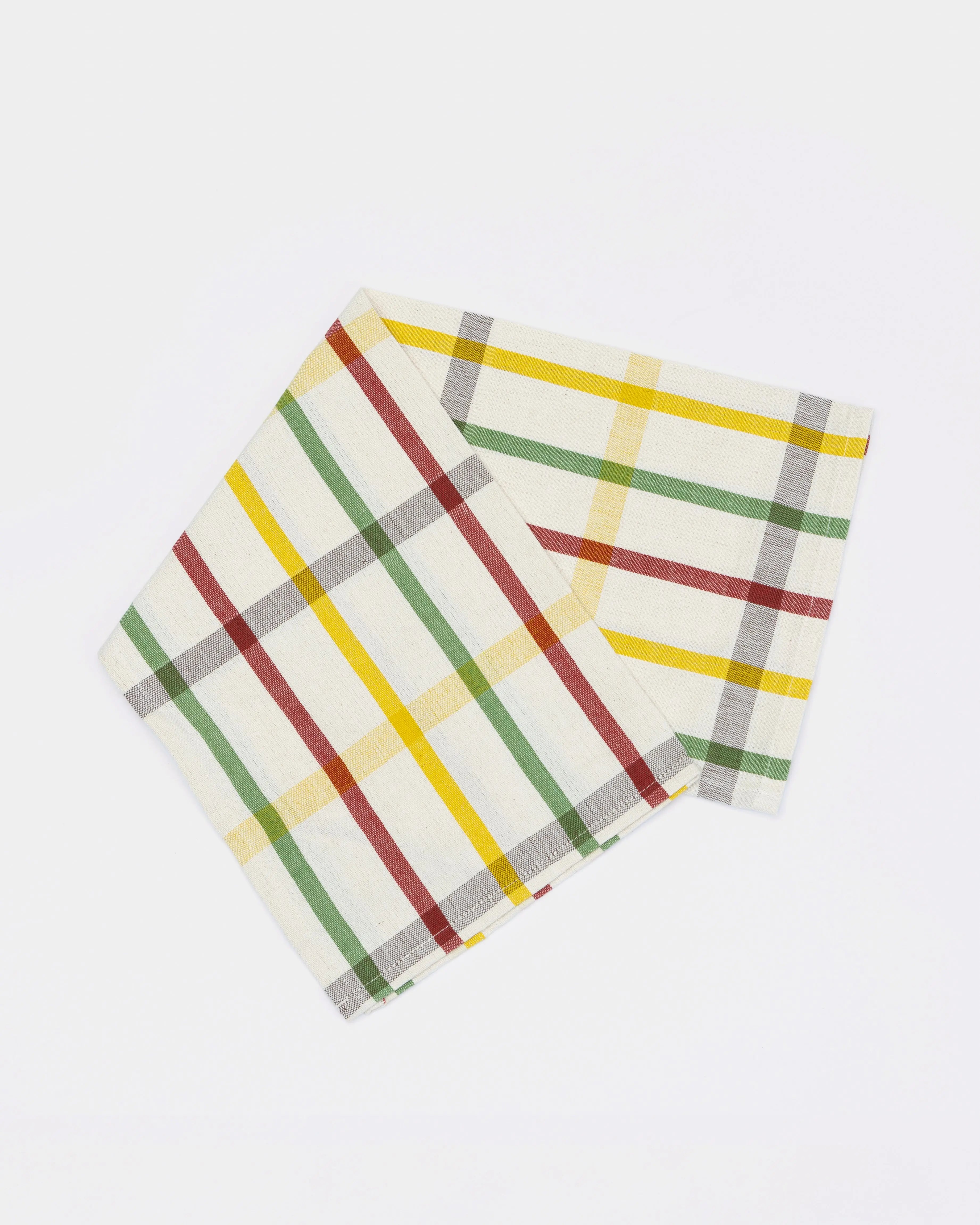 Handwoven and hand-dyed cotton tea towel with red, yellow, green, and grey checks, crafted by Sri Lankan artisans using traditional techniques